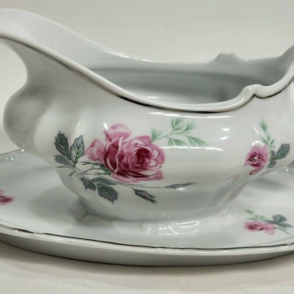 Home Arts ENCHANTED ROSE Pink Gravy Boat with Attached Underplate Germany - Picture 2 of 11